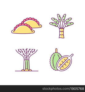 Plants in Singapore RGB color icons set. Traveller palm. Supertree grove. Curry puff. Singaporean cuisine. Durian tropical fruit. Isolated vector illustrations. Simple filled line drawings collection. Plants in Singapore RGB color icons set
