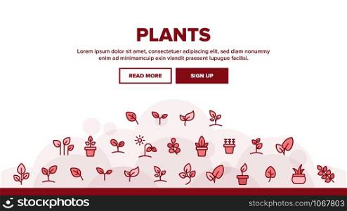 Plants Landing Web Page Header Banner Template Vector. House Plants, Gardening And Leaves Assortment Linear Pictograms. Nature Decoration And Tree Bunch Illustration. Plants Landing Header Vector