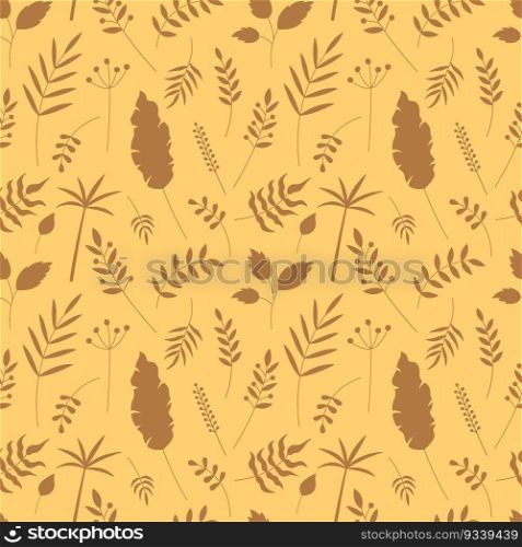 Plants pattern. Vector seamless tiled background with leaves and berries silhouettes. Leaf yellow backdrop.. Plants pattern. Vector seamless tiled background with leaves and berries silhouettes. Leaf yellow backdrop