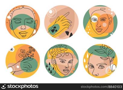 Plants with leaves and woman head with hairstyle. Female faces with organic plants. Single line girl portrait, hand holding foliage and berries. Boho story icons for social media covers vector set. Plants with leaves and woman head with hairstyle. Female faces with organic plants. Single line girl portrait