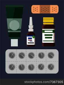 Plaster and pills blister set, medical elements for recovery health improvement, glass bottles with helpful essences isolated on vector illustration. Plaster and Pills Blister Set Vector Illustration