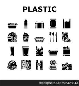 Plastic Accessories And Utensil Icons Set Vector. Plastic Food Contai≠r And Tab≤ware, Sh&oo Bott≤And Canister, Used Polyethy≤≠Bag Pouch, Spoon And Fork Glyph Pictograms Black Illustrations. Plastic Accessories And Utensil Icons Set Vector