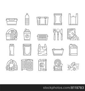 Plastic Accessories And Utensil Icons Set Vector. Plastic Food Container And Tableware, Sh&oo Bottle And Canister, Used Polyethylene Bag And Pouch, Spoon And Fork Black Contour Illustrations. Plastic Accessories And Utensil Icons Set Vector
