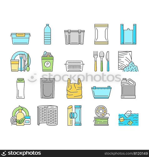 Plastic Accessories And Utensil Icons Set Vector. Plastic Food Container And Tableware, Sh&oo Bottle And Canister, Used Polyethylene Bag And Pouch, Spoon And Fork Color Illustrations. Plastic Accessories And Utensil Icons Set Vector