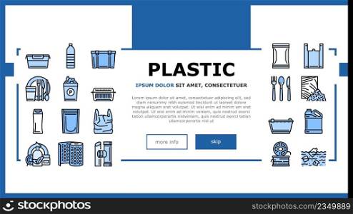 Plastic Accessories And Utensil Landing Web Page Header Banner Template Vector. Plastic Food Container And Tableware, Shampoo Bottle And Canister, Used Polyethylene Bag And Pouch Illustration. Plastic Accessories And Utensil Landing Header Vector