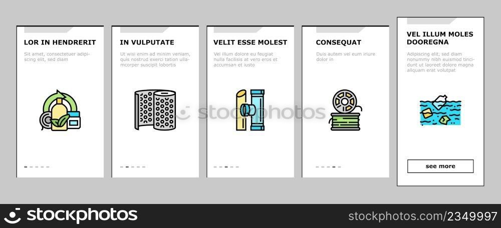 Plastic Accessories And Utensil Onboarding Mobile App Page Screen Vector. Plastic Food Container And Tableware, Sh&oo Bottle And Canister, Used Polyethylene Bag And Pouch, Spoon Fork Illustrations. Plastic Accessories And Utensil Onboarding Icons Set Vector