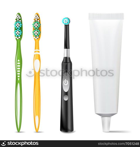 Plastic And Electric Toothbrush, Toothpaste Tube Vector. Mock Up For Branding Design. Isolated On White Illustration.. Electric And Plastic Toothbrush, Toothpaste Tube Vector. Mock Up For Branding Design. Medicine Hygiene Concept. Isolated Illustration.