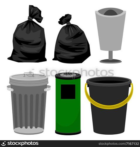 Plastic and metallic bins, black plastic bags for garbage. Vector bin and bag rubbish, plastic container illustration. Plastic and metallic bins, black plastic bags for garbage