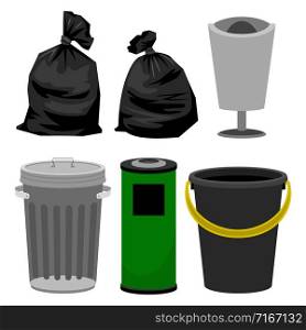 Plastic and metallic bins, black plastic bags for garbage. Vector bin and bag rubbish, plastic container illustration. Plastic and metallic bins, black plastic bags for garbage