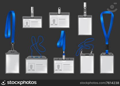 Plastic badges on lanyards and holders realistic, 3d vector set. Isolated id passes on blue cords with metal clips. Plastic badges for presentation or pass conference visitors, press and media access. Plastic badges on lanyards and vector holders