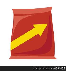 Plastic Bag Snack. Plastic red bag snack with arrow in flat. Potato chips plastic packaging. Bag snack icon. Snack icon. Retail store element. Simple drawing. Isolated vector illustration on white background.