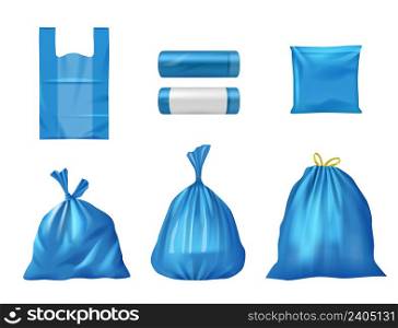 Plastic bags. Recycling pollution trash kitchen bags decent vector realistic containers set. Illustration of bag for pollution and trash. Plastic bags. Recycling pollution trash kitchen bags decent vector realistic containers set