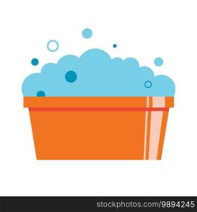 Plastic basin with soap suds. Soap foam with bubbles. Washing clothes by hand. Flat illustration isolated on white background.. Plastic basin with soap suds. Soap foam with bubbles. Washing clothes by hand. Flat illustration
