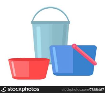 Plastic basins and bucket set cartoon illustration. Containers for water and food products isolated on white background. Plastic pelvis for washing dishes and clothes. Capacity for household chores. Plastic basins and bucket set icon cartoon illustration. Containers for water and food products