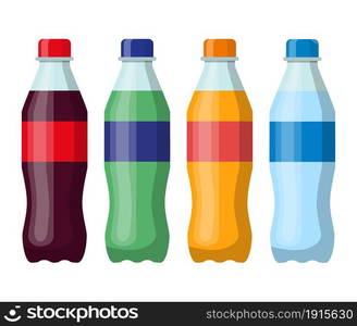 Plastic beverage bottles icon set. Cola, orange soda, water and green iced tea. Bottled cold drinks. Vector illustration in flat style. Plastic beverage bottles icon set.