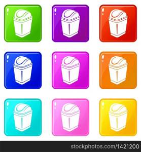 Plastic bin icons set 9 color collection isolated on white for any design. Plastic bin icons set 9 color collection