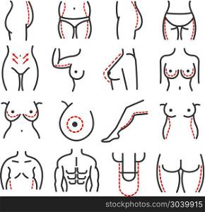Plastic body cosmetic surgery vector line icons set. Plastic body cosmetic surgery vector line icons set. Breast augmentation and correction of penis illustration