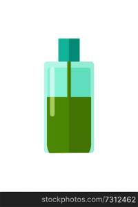 Plastic bottle, and liquid of green color, cosmetic and gel, cream and liquid put in container, vector illustration, isolated on white background. Plastic Bottle and Liquid Vector Illustration