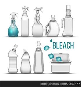 Plastic Bottle For Bleach Detergent Set Vector. Different Bottle With Cap, Atomizer Spray And Container Box For Cleaning Substance, Scour And Liquid Soap. Realistic 3d Illustration,. Plastic Bottle For Bleach Detergent Set Vector