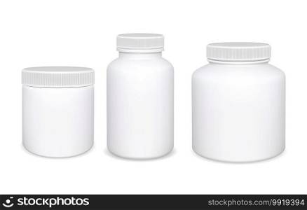 Plastic bottle isolated. White Supplement pill bottles. Medicine jar template without label. Medical or pharmaceutical containerwith cap for prescription tablet. Powder can mock up. Realistic round. Plastic bottle isolated. Supplement pill bottles