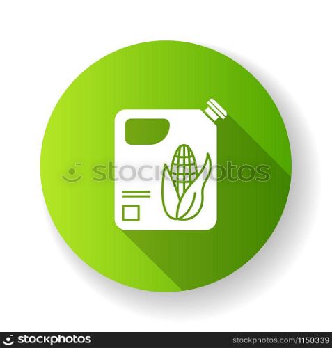 Plastic bottle of corn oil green flat design long shadow glyph icon. Organic chemistry. Vegetable oil produce. Corn ethanol for biofuel. Gasoline substitute. Vector silhouette illustration