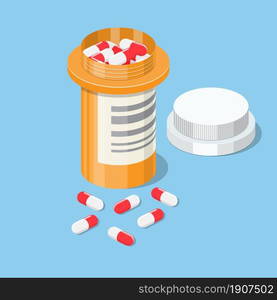 plastic bottle of pills in isometric view isolated on white background, Tablet pills medical drug pharmacy care and tablet pills antibiotic pharmaceutical. vector illustration in flat style. plastic bottle of pills