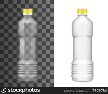 Plastic bottle, oil package, realistic empty mockup template, vector 3D. Sunflower, olive or corn oil bottle with yellow cap lid Isolated on transparent background. Plastic bottle, oil package realistic empty mockup