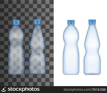 Plastic bottle realistic mockup of water and drink package vector design. Empty transparent container with blue screw cap, cold beverage packaging of soda, clear or mineral water and soft drink. Plastic bottle, drink package realistic mockup