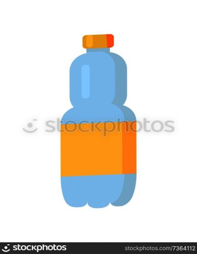 Plastic bottle with orange blank label, water beverage product poured in container having cap, transparent item vector illustration isolated on white. Plastic Bottle with Label Vector Illustration