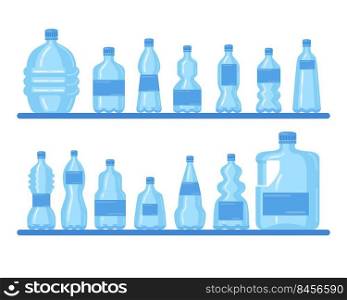 Plastic bottles collection. Transparent containers of different sizes, liter for recycling set isolated on white. Vector illustrations for pure water consumption, packaging, reusable trash concept