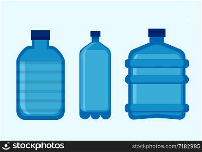 Plastic bottles different shapes. Vector isolated icons of empty transparent containers with lids for water, juice or soda drinks and liquids. Plastic bottles empty with lids vector icons