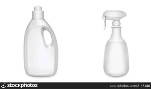 Plastic bottles for household chemicals, detergent, soap and cleaners. Vector realistic mockup of 3d blank containers with cleanser and spray isolated on white background. Plastic bottles for household chemicals, detergent