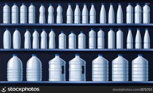 Plastic bottles on shelves. Bottled distilled water shelf, liquid drinks and pure mineral water store. Plastic bottle packaging, water delivery containers vector illustration. Plastic bottles on shelves. Bottled distilled water shelf, liquid drinks and pure mineral water store vector illustration