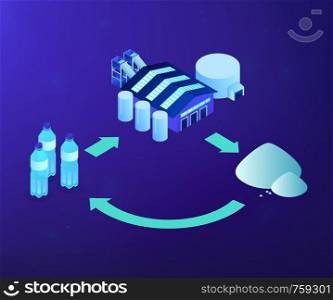 Plastic bottles taken to recycling plant and material recovery. Mechanical recycling, back-to-plastics recycling, waste material reuse concept. Ultraviolet neon vector isometric 3D illustration.. Mechanical recycling isometric 3D concept illustration.