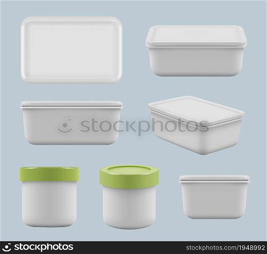 Plastic boxes. Caring food in containers square empty storage utensil for kitchen vector realistic templates. Collection container plastic, box for packaging illustration. Plastic boxes. Caring food in containers square empty storage utensil for kitchen vector realistic templates