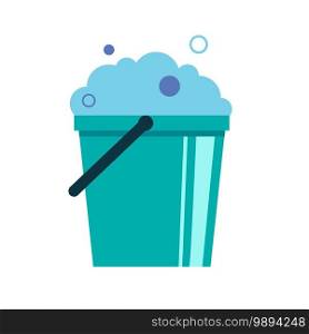 Plastic bucket with handle full of soap suds. Foam and bubbles. Flat vector illustration isolated on a white background.. Plastic bucket with handle full of soap suds. Foam and bubbles. Flat vector illustration.