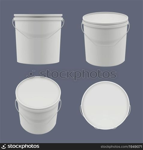 Plastic buckets. Yoghurt or construction liquids containers packages templates vector empty buckets. Container bucket for paint, realistic canister illustration. Plastic buckets. Yoghurt or construction liquids containers packages templates vector empty buckets