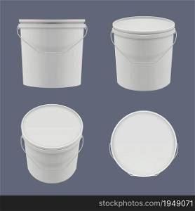 Plastic buckets. Yoghurt or construction liquids containers packages templates vector empty buckets. Container bucket for paint, realistic canister illustration. Plastic buckets. Yoghurt or construction liquids containers packages templates vector empty buckets