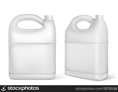 Plastic canisters, white jerrycan bottles isolated on white background. Engine oil, car lubricant or gasoline additive blank container. Detergent product design element, realistic 3d vector mockup. Plastic canisters, white jerrycan isolated bottles