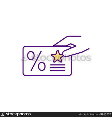 Plastic card RGB color icon. Physical loyalty card. Personalized discounts and benefits. Collect customers information and data. Isolated vector illustration. Simple filled line drawing. Plastic card RGB color icon