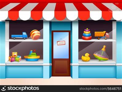 Plastic children toys set on shop window shelf vector illustration