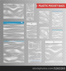 Plastic Clear Transparent Realistic Bags Assortment. Reclosable resealable zipper clear plastic pocket bags assortment realistic collection on transparent background vector illustration