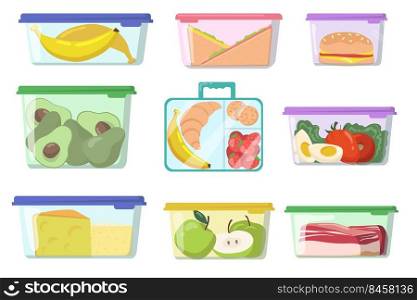 Plastic containers with various food flat set for web design. Cartoon lunch boxes with fresh meal isolated vector illustration collection. Nutrition and storage concept