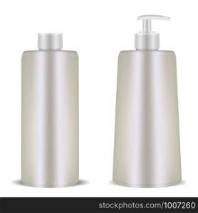 Plastic Cosmetic Bottle. Pump Dispenser. 3d Realistic Container Template. Isolated Black and White Mockup for Shampoo, Gel, Spray, Body Lotion, Shampoo.. Plastic Cosmetic Bottle. Pump Dispenser. Realistic