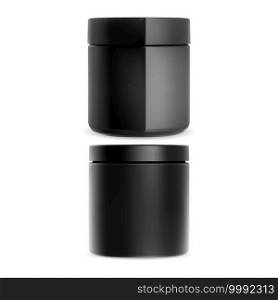 Plastic cream jar. Cosmetic cream container mockup. Black Gloss packaging for charcoalscrub, powder or wax isolated. Round facial treatment canister illustration. Gel can mock up blank. Plastic cream jar. Cosmetic cream container mockup