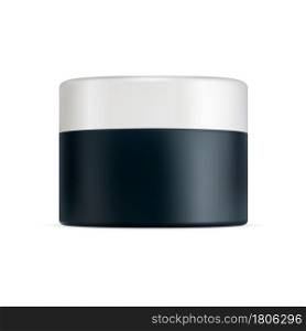 Plastic cream jar, white cap cosmetic container. Realistic round box for face skin gel. Makeup powder template, creme packaging canister blank. Charcoal wax, blush care jar. Plastic cream jar, white cap cosmetic container