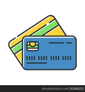 Plastic credit cards color icon. Purchase goods online. Pay without cash. Credit bank accout. Borrow, lend money. Open deposit. Finances, economy. Digital currency. Isolated vector illustration