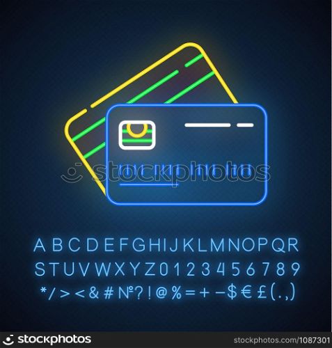 Plastic credit cards neon light icon. Purchase goods online. Pay without cash. Credit bank accout. Open deposit. Glowing sign with alphabet, numbers and symbols. Vector isolated illustration