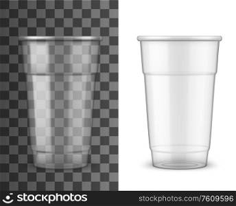 Plastic cup, vector realistic 3d transparent empty disposable package mockup. Water, soda or juice drink beverage plastic cup template. Realistic plastic cup, drink disposable package