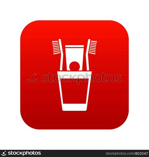 Plastic cup with brushes icon digital red for any design isolated on white vector illustration. Plastic cup with brushes icon digital red